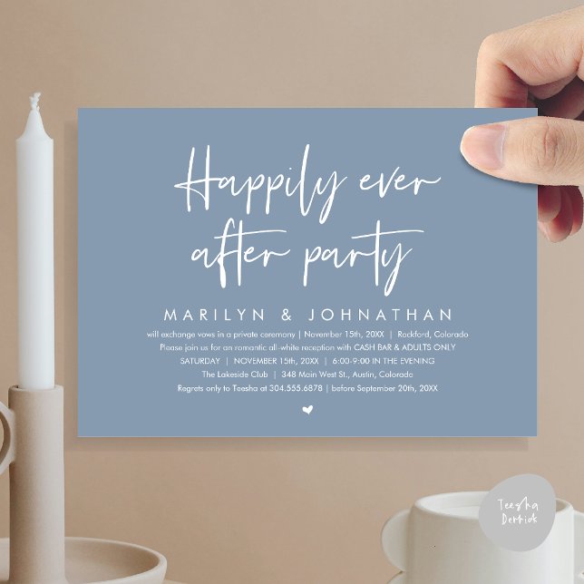 Lyckligtvis efter Party, bröllopsmottagning Inbjudningar (Happily Ever After Party, Modern Wedding Reception Invitation Card, PDF, Cash Bar in Dusty Blue)