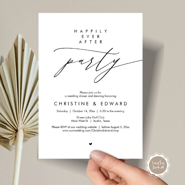 Lyckligtvis efter Party, den moderna Bröllop-midda Inbjudningar (Happily Ever After Party, Modern Minimalist Wedding Dinner Invitation Card, PDF, Black and White)
