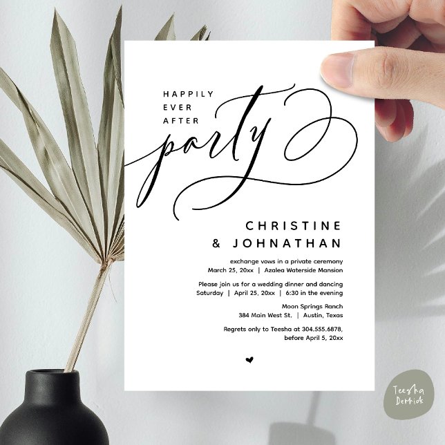 Lyckligtvis efter Party, den moderna Bröllop-midda Inbjudningar (Romantic Happily Ever After Party, Modern Wedding Dinner Invitation Card, PDF, Black White)