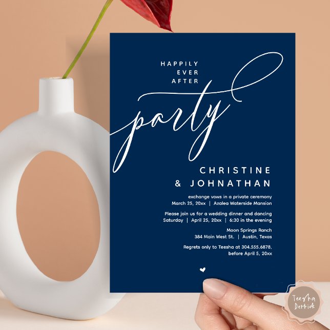 Lyckligtvis efter Party, den moderna Bröllop-midda Inbjudningar (Romantic Happily Ever After Party, Modern Wedding Dinner Invitation Card, PDF, Classy Navy Blue)