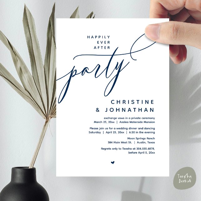 Lyckligtvis efter Party, den moderna Bröllop-midda Inbjudningar (Romantic Happily Ever After Party, Modern Wedding Dinner Invitation Card, PDF, Classy Navy Blue)