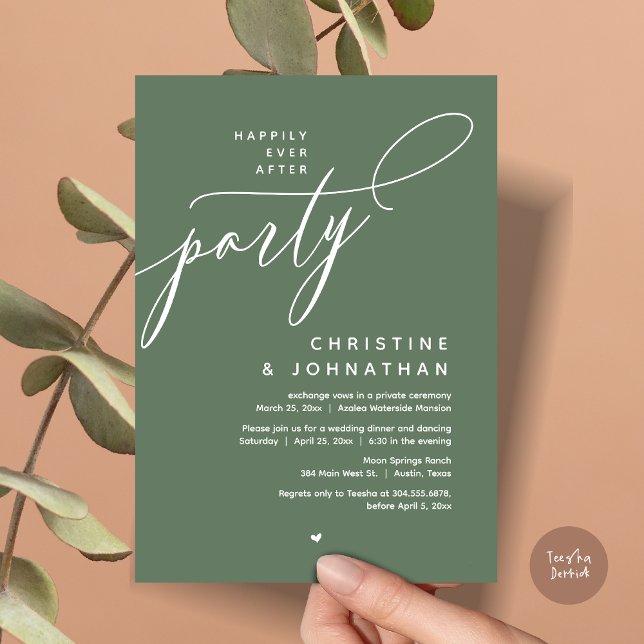 Lyckligtvis efter Party, den moderna Bröllop-midda Inbjudningar (Romantic Happily Ever After Party, Modern Wedding Dinner Invitation Card, PDF, Forest Sage Green)