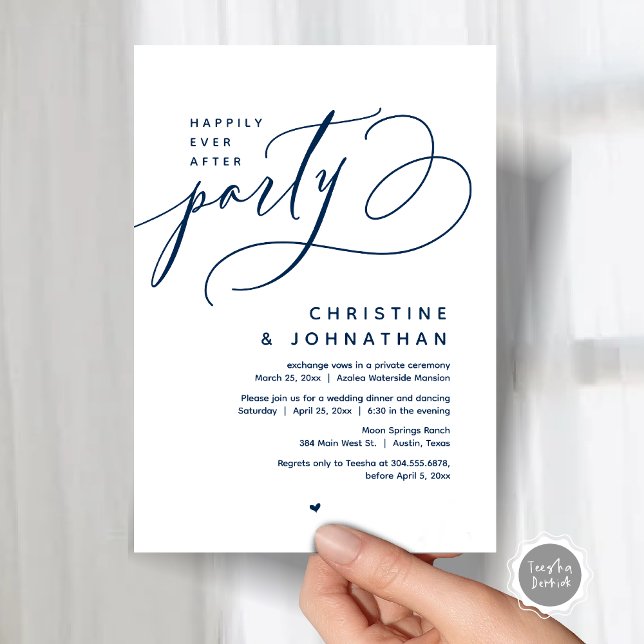 Lyckligtvis efter Party, den moderna Bröllop-midda Inbjudningar (Romantic Happily Ever After Party, Modern Wedding Dinner Invitation Card, PDF, Classy Navy Blue)