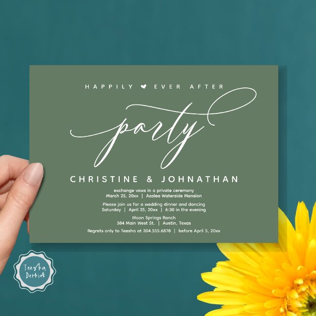 Lyckligtvis efter Party, den moderna Bröllop-midda Inbjudningar (Happily Ever After Party, Modern Wedding Dinner Invitation Card, Modern Romantic, PDF, Sage Green)