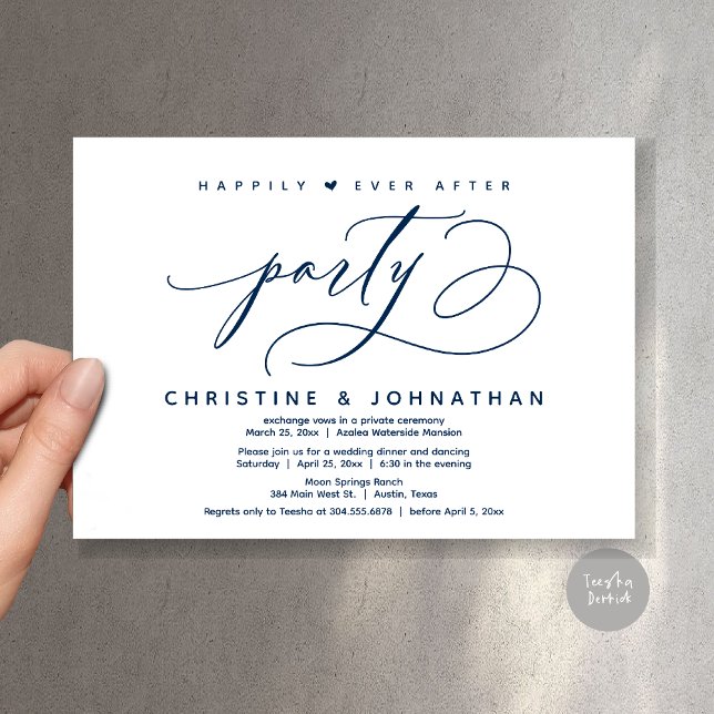 Lyckligtvis efter Party, den moderna Bröllop-midda Inbjudningar (Happily Ever After Party, Modern Wedding Dinner Invitation Card, Modern Romantic, PDF, Navy Blue)