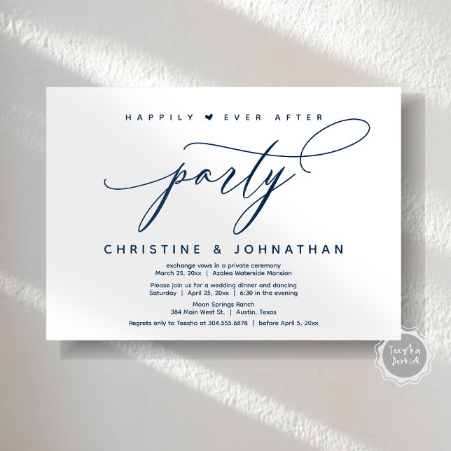 Lyckligtvis efter Party, den moderna Bröllop-midda Inbjudningar (Happily Ever After Party, Modern Wedding Dinner Invitation Card, Modern Romantic, PDF, Navy Blue)