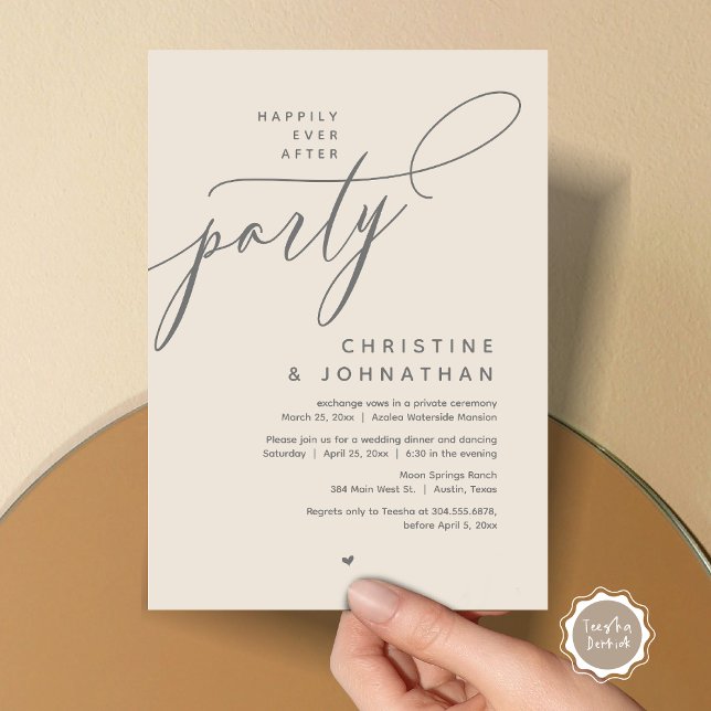 Lyckligtvis efter Party, den moderna Bröllop-midda Inbjudningar (Romantic Happily Ever After Party, Modern Wedding Dinner Invitation Card, PDF, Cream Grey)