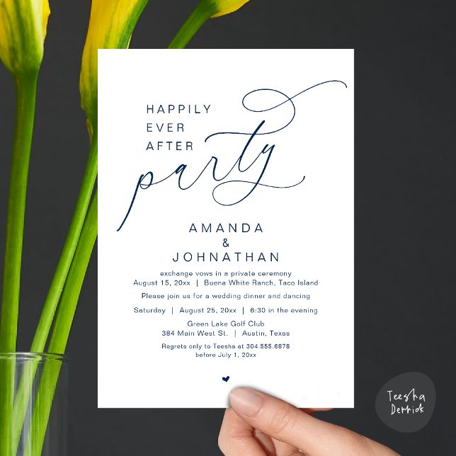 Lyckligtvis efter Party, den romska Bröllop-middag Inbjudningar (Happily Ever After Party, Modern Romantic Wedding Dinner Invitation Card, PDF, Navy Blue)