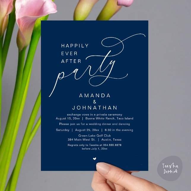 Lyckligtvis efter Party, den romska Bröllop-middag Inbjudningar (Happily Ever After Party, Modern Romantic Wedding Dinner Invitation Card, PDF, Navy Blue)
