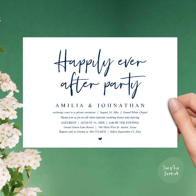 Lyckligtvis efter Party, den romska Bröllop-middag Inbjudningar (Happily Ever After Party, After the wedding celebration Romantic Dinner Invites Card PDF Navy Blue)