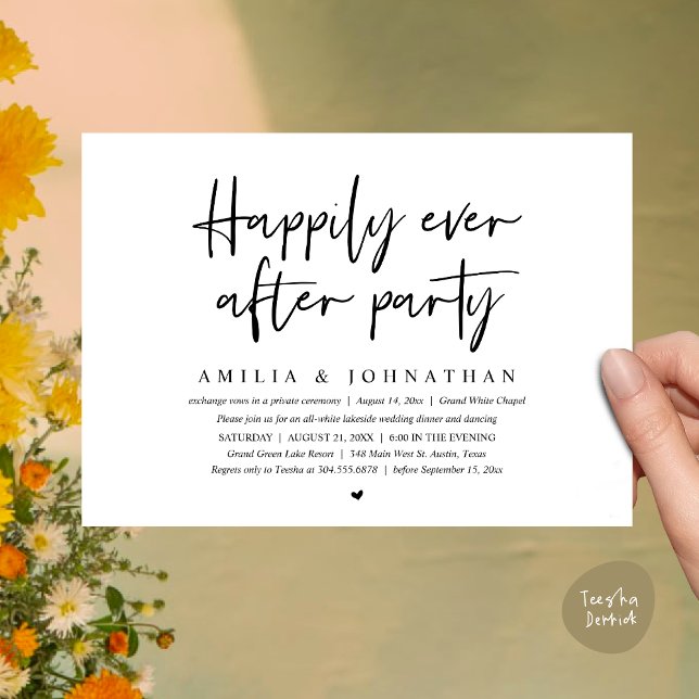 Lyckligtvis efter Party, den romska Bröllop-middag Inbjudningar (Happily Ever After Party, After the wedding celebration Romantic Dinner Invites Card PDF White Black)