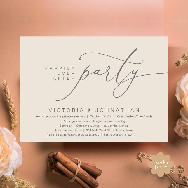 Lyckligtvis efter Party, den romska Bröllop-middag Inbjudningar (Happily Ever After Party, Romantic Wedding Dinner Invitation Card PDF aesthetic Cream Grey)