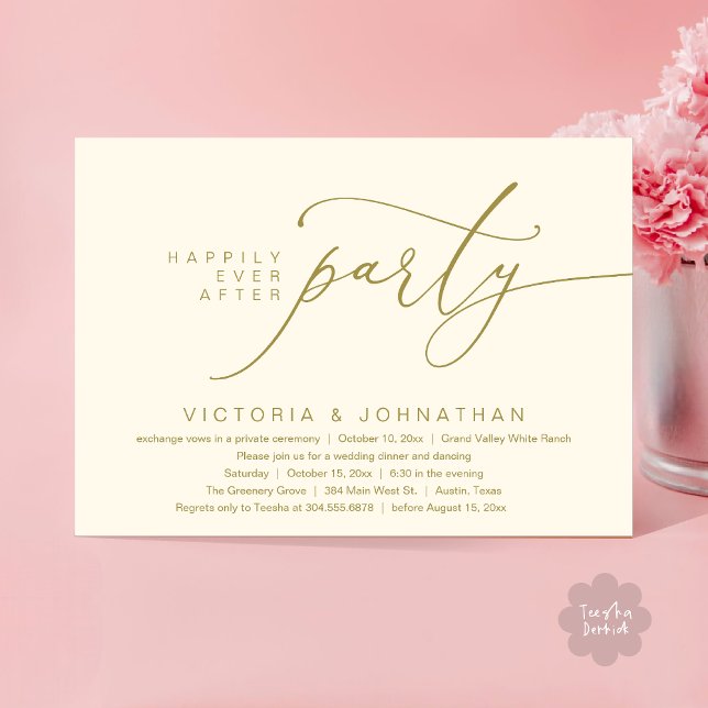 Lyckligtvis efter Party, den romska Bröllop-middag Inbjudningar (Happily Ever After Party, Romantic Wedding Dinner Invitation Card PDF aesthetic Yellow Gold)