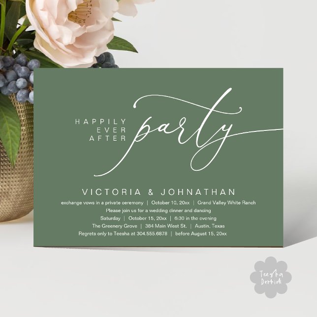 Lyckligtvis efter Party, den romska Bröllop-middag Inbjudningar (Happily Ever After Party, Romantic Wedding Dinner Invitation Card PDF aesthetic Rustic Sage Green)