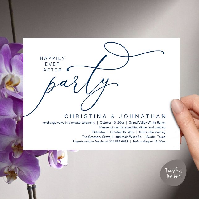 Lyckligtvis efter Party, den romska Bröllop-middag Inbjudningar (Happily Ever After Party, Romantic Modern Elopement Dinner Dancing Invites Card PDF Navy Blue)