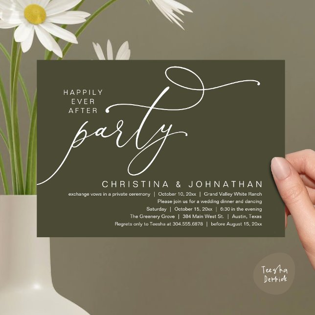 Lyckligtvis efter Party, den romska Bröllop-middag Inbjudningar (Happily Ever After Party, Romantic Modern Elopement Dinner Dancing Invites Card PDF Olive Green)