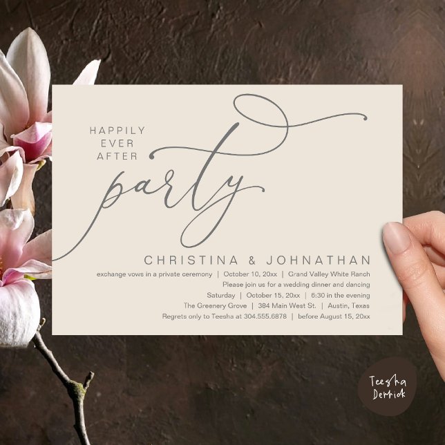 Lyckligtvis efter Party, den romska Bröllop-middag Inbjudningar (Happily Ever After Party, Romantic Modern Elopement Dinner Dancing Invites Card PDF Cream Grey)