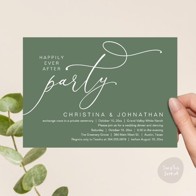 Lyckligtvis efter Party, den romska Bröllop-middag Inbjudningar (Happily Ever After Party, Romantic Modern Elopement Dinner Dancing Invites Card PDF Sage Green)