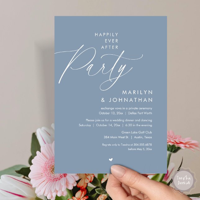 Lyckligtvis efter Party, den romska Bröllop-middag Inbjudningar (Happily Ever After Party, Modern Romantic Wedding Dinner Invitation Card, PDF, in Dusty Blue)