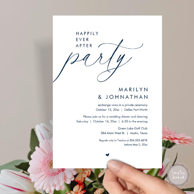 Lyckligtvis efter Party, den romska Bröllop-middag Inbjudningar (Happily Ever After Party, Modern Romantic Wedding Dinner Invitation Card, PDF, in Navy Blue)