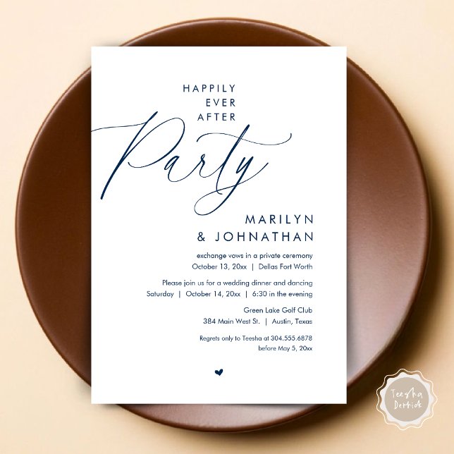 Lyckligtvis efter Party, den romska Bröllop-middag Inbjudningar (Happily Ever After Party, Modern Romantic Wedding Dinner Invitation Card, PDF, in Navy Blue)