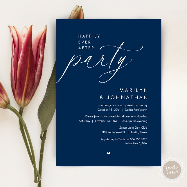 Lyckligtvis efter Party, den romska Bröllop-middag Inbjudningar (Happily Ever After Party, Modern Romantic Wedding Dinner Invitation Card, PDF, in Navy Blue)