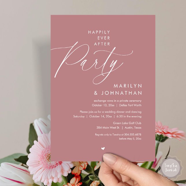 Lyckligtvis efter Party, den romska Bröllop-middag Inbjudningar (Happily Ever After Party, Modern Romantic Wedding Dinner Invitation Card, PDF, in Dusty Rose Pink)