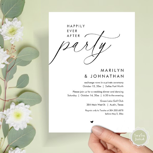 Lyckligtvis efter Party, den romska Bröllop-middag Inbjudningar (Happily Ever After Party, Modern Romantic Wedding Dinner Invitation Card, PDF, in Black and White)