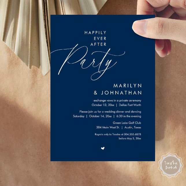 Lyckligtvis efter Party, den romska Bröllop-middag Inbjudningar (Happily Ever After Party, Modern Romantic Wedding Dinner Invitation Card, PDF, in Navy Blue)