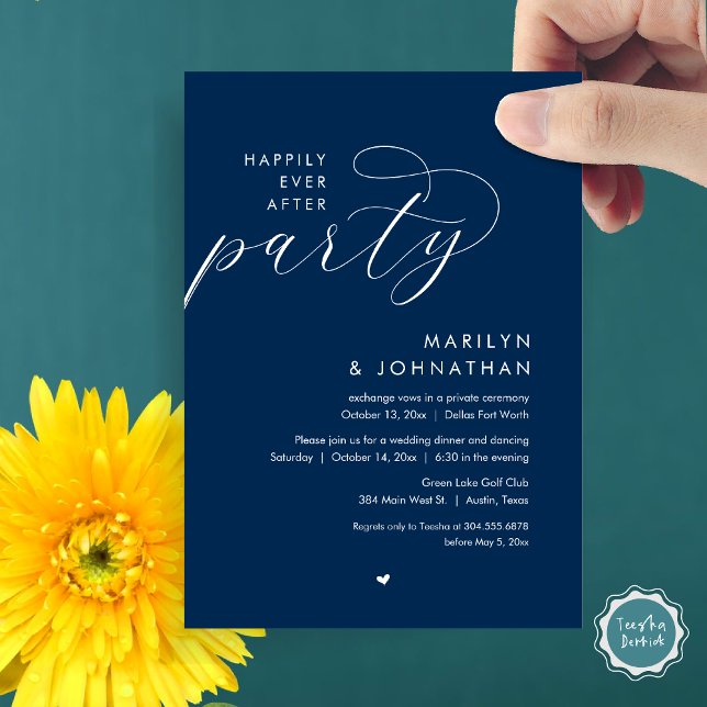 Lyckligtvis efter Party, den romska Bröllop-middag Inbjudningar (Happily Ever After Party, Modern Romantic Wedding Dinner Invitation Card, PDF, in Navy Blue)