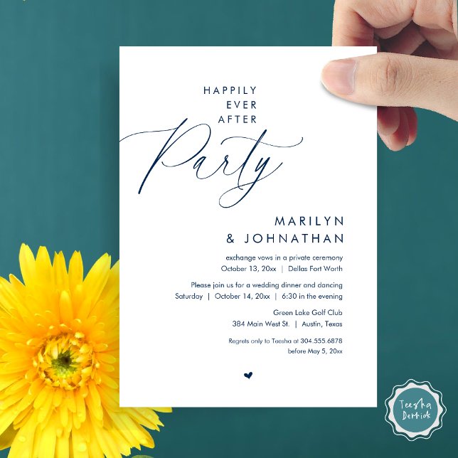 Lyckligtvis efter Party, den romska Bröllop-middag Inbjudningar (Happily Ever After Party, Modern Romantic Wedding Dinner Invitation Card, PDF, in Navy Blue)