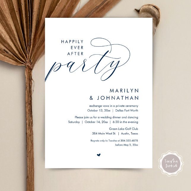 Lyckligtvis efter Party, den romska Bröllop-middag Inbjudningar (Happily Ever After Party, Modern Romantic Wedding Dinner Invitation Card, PDF, in Navy Blue)