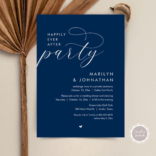 Lyckligtvis efter Party, den romska Bröllop-middag Inbjudningar (Happily Ever After Party, Modern Romantic Wedding Dinner Invitation Card, PDF, in Navy Blue)