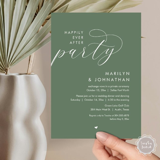 Lyckligtvis efter Party, den romska Bröllop-middag Inbjudningar (Happily Ever After Party, Modern Romantic Wedding Dinner Invitation Card, PDF, in Forest Sage Green)