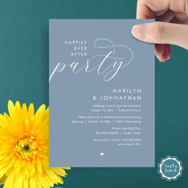 Lyckligtvis efter Party, den romska Bröllop-middag Inbjudningar (Happily Ever After Party, Modern Romantic Wedding Dinner Invitation Card, PDF, in Dusty Blue)