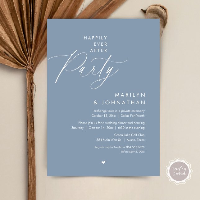 Lyckligtvis efter Party, den romska Bröllop-middag Inbjudningar (Happily Ever After Party, Modern Romantic Wedding Dinner Invitation Card, PDF, in Dusty Blue)