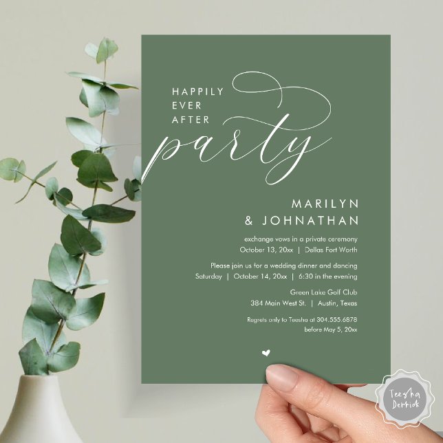 Lyckligtvis efter Party, den romska Bröllop-middag Inbjudningar (Happily Ever After Party, Modern Romantic Wedding Dinner Invitation Card, PDF, in Forest Sage Green)