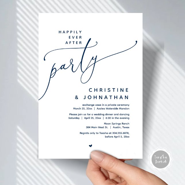 Lyckligtvis efter Party, den romska Bröllop-middag Inbjudningar (Romantic Happily Ever After Party, Modern Wedding Dinner Invitation Card, PDF, Classy Navy Blue)