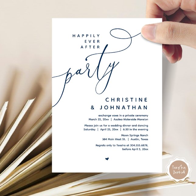 Lyckligtvis efter Party, den romska Bröllop-middag Inbjudningar (Romantic Happily Ever After Party, Modern Wedding Dinner Invitation Card, PDF, Classy Navy Blue)