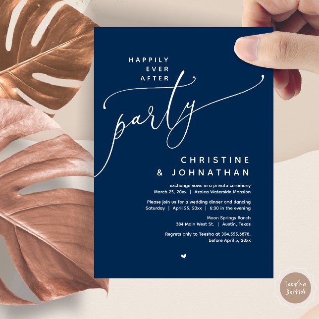 Lyckligtvis efter Party, den romska Bröllop-middag Inbjudningar (Romantic Happily Ever After Party, Modern Wedding Dinner Invitation Card, PDF, Classy Navy Blue)