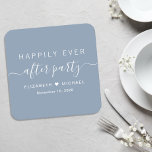Lyckligtvis efter Party Dusty Blue Bröllop Underlägg Papper Kvadrat<br><div class="desc">Chic,  dammigt blått pappert underlägg för din bröllopsmottagning och annat firande efter bröllop med "Lyckligtvis allt efter Party" i enkel vit typografi och ett snyggt vitt svash-skript,  din namn gicks med av ett hjärta och ditt mottagningsdatum.</div>