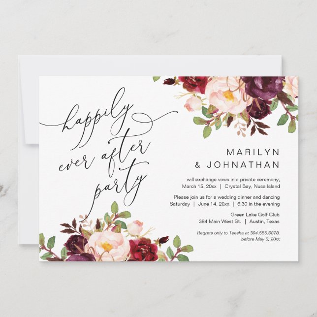 Lyckligtvis efter Party, Elopement, Burgundy Inbjudningar (Framsida)