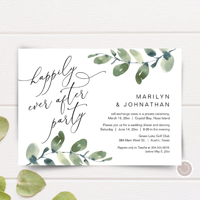 Lyckligtvis efter Party, Elopement, Greenery Inbjudningar (Happily Ever After Party, Elopement Dinner Invitation Card, Greenery Eucalyptus, Digital Download)