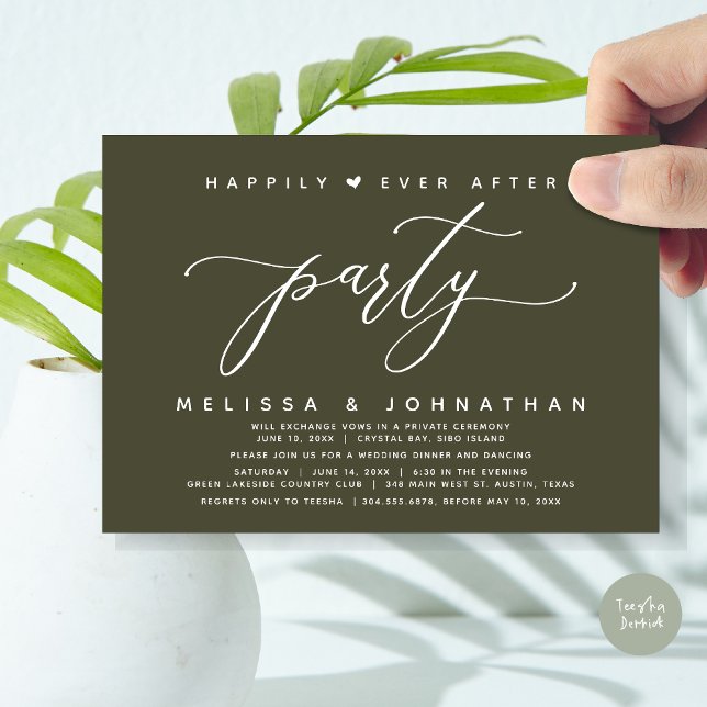Lyckligtvis efter Party Olive Bröllop-middagen Inbjudningar (Modern Romantic Wedding Elopement Happily Ever After Dinner Party Invitation Card, PDF, Olive Green)