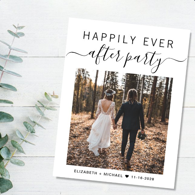 Lyckligtvis efter Party Photo Bröllop Meddelande Vykort (An chic Happily Ever After Party postcard invitation for your wedding celebration)
