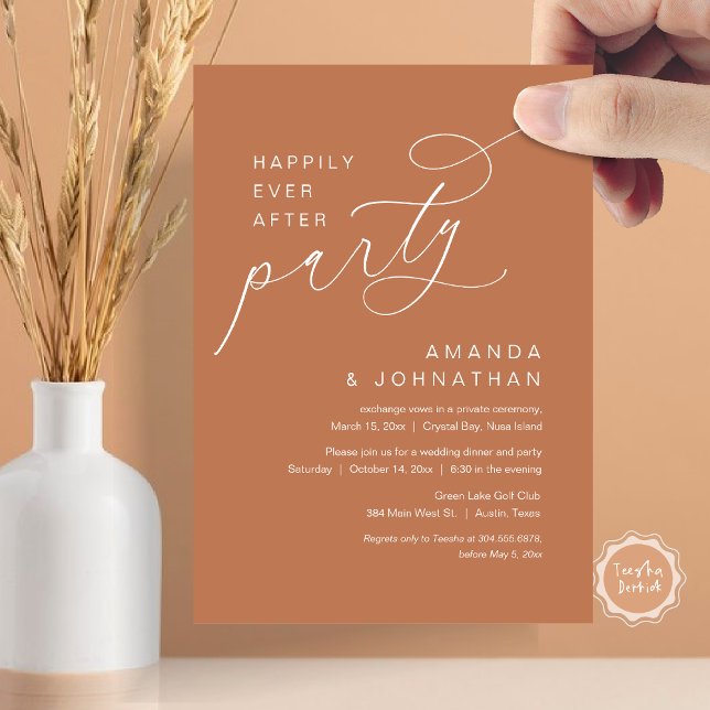 Lyckligtvis efter Party, Romantic Bröllop Inbjudningar (Happily Ever After Party, Modern Romantic Wedding Dinner Invitation Card in Rustic Rust Orange)