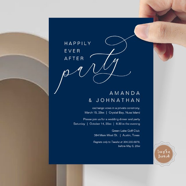 Lyckligtvis efter Party, Romantic Bröllop Inbjudningar (Happily Ever After Party, Modern Romantic Wedding Dinner Invitation Card in navy blue)