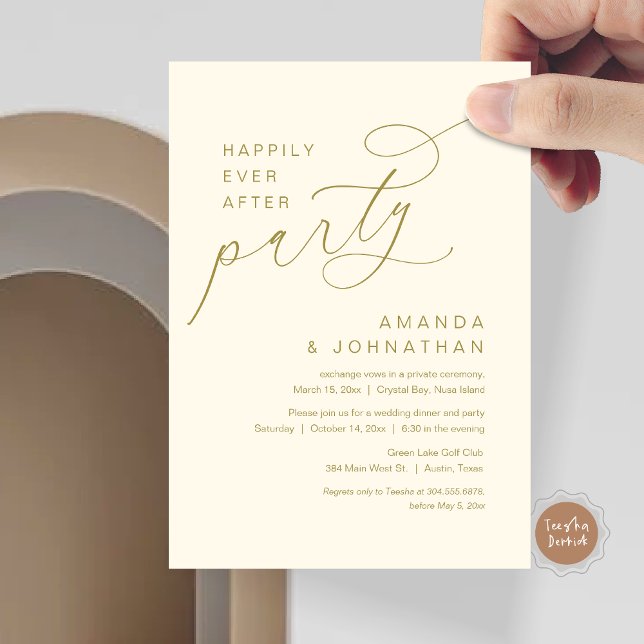Lyckligtvis efter Party, Romantic Bröllop Inbjudningar (Modern Romantic Script, Happily Ever After Party Invitation Card, in classy gold)