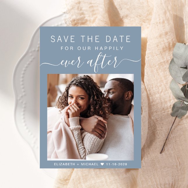 Lyckligtvis efter Photo Dusty Blue Bröllop Spara Datumet (A chic photo save the date announcement card for your wedding)