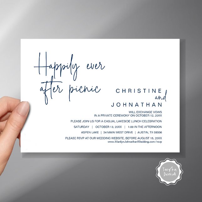 Lyckligtvis efter Picnic, Bröllop Elopement Inbjudningar (Happily Ever After Picnic, Wedding Celebration Invitation Card, PDF, in Navy Blue)